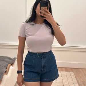 Zara Light Pink Tee and Blue Denim Shorts